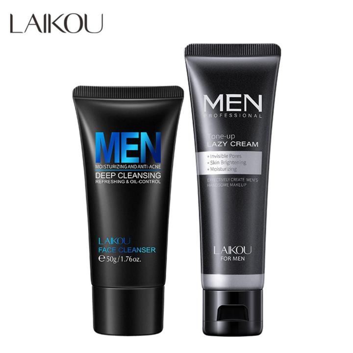 Laikou Men Skincare Makeup Sets Tone Up Cream Cleanser Oil Control Shrink Pore Gentle Cleansing Conceal Pores 2Pcs
