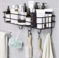 Bathroom Metal Shelf with 4 hooks for Room and Bathroom Storage Hanging Shelf Organizer-Wall-Mounted Spice Rack Organizer, Shower Shampoo Holder, Bathroom Corner Frame,black, white. 