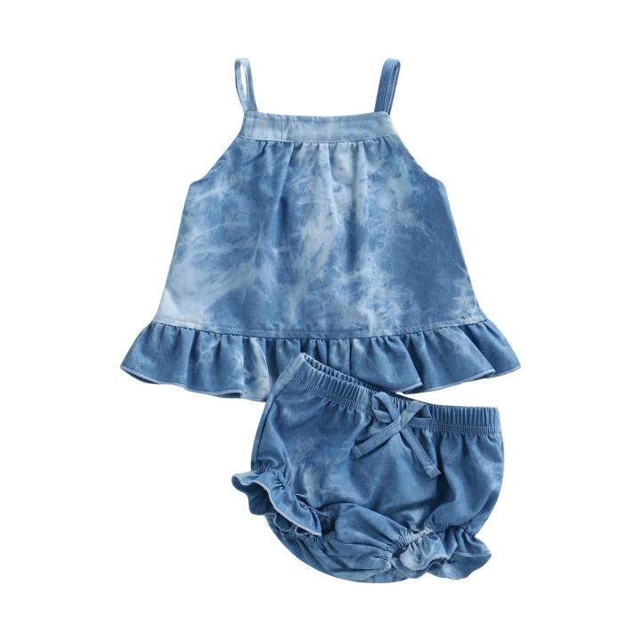 Infant Baby Girl Summer Clothes Set, Tie Dye Sleeveless Ruffled Vest + Elastic Waist Shorts with Bow