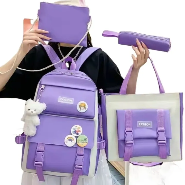 4pcs/set%20College%20Student%20%20Fashion%20School%20Backpack%20Multiple%20Pockets%20Large%20Capacity%20%20school%20bag%20Canvas%20Casual%20for%20Teenage%20Girls%20-%20Image%207