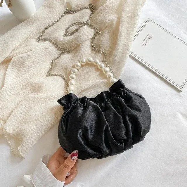 Satin White Pearl Chain Dumpling Shoulder Bag for Girls Stylish Handbag 2024