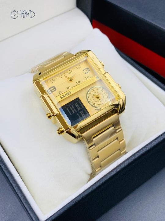 Triple Display, Triple Time Square Shape Men's Chain Wrist Watch