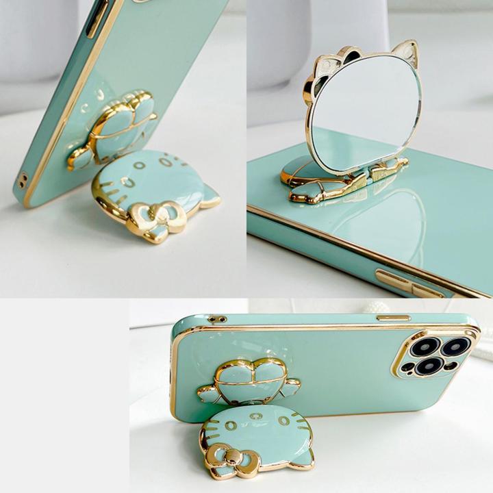 TA for Redmi Note 12 4G Back Cover Hello Kitty Mirror Folding Bracket Luxury Plating Case Soft Silicone Square Phone Case for Girls