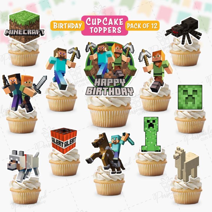 Minecraft Theme Cupcake Toppers, Pack of 12 Birthday Toppers for Boy & Girl Party Celebration, Cake Decoration & Perfect Birthday gift