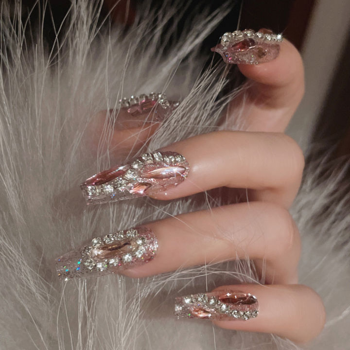 24Pcs Long False Nails Glitter Diamond Design Press on Nails Tips Nails Performance Festival Acrylic Artificial Wearable