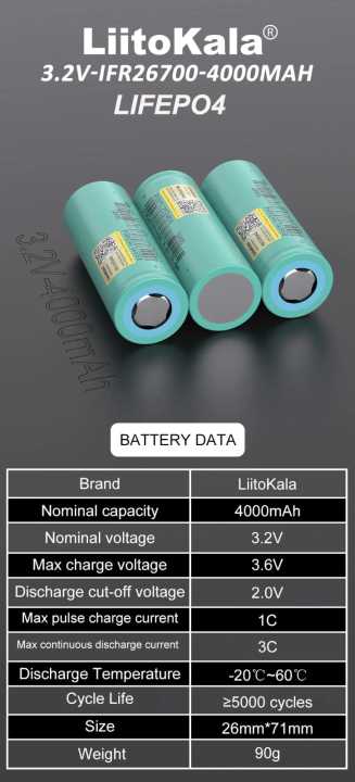 26700 3.2V 4000mAh LiFePO4 Liiitokala Rechargeable Battery Cell – Long ...