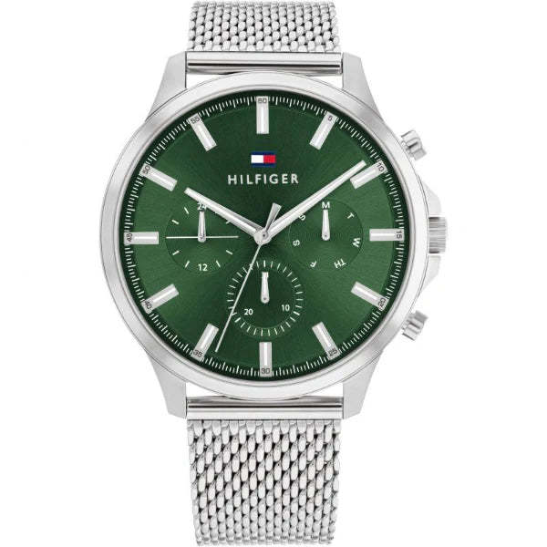 Tommy Hilfiger Ryder Silver Mesh Bracelet Green Dial Chronograph Quartz ...