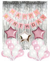 Charming Rose Gold Happy Birthday Party Theme Set Balloons sets in Pink & White Colour Combo for Girls, Women, Kids, with Star Balloons - Birthday Banner and Silver Curtain- Beautiful Birthday Accessories. 