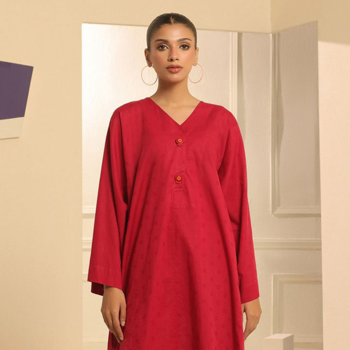 Orient Stitched 2 Piece Plain Jacquard Shirt And Jacquard Pant For Woman and Girls - Colour: Red -Design code: WRCJ23W-2003 - Collection: Studio Winter 2023 - Collection: Studio Winter 2023