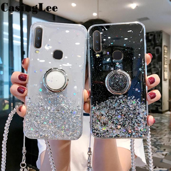 Casinglee for VIVO Y11 case Shiny Ring Glitter Soft Transparent Holder Stand Back cover with String for VIVO Y11 Phone cases cover Stars Moon Girls For girls and Boys