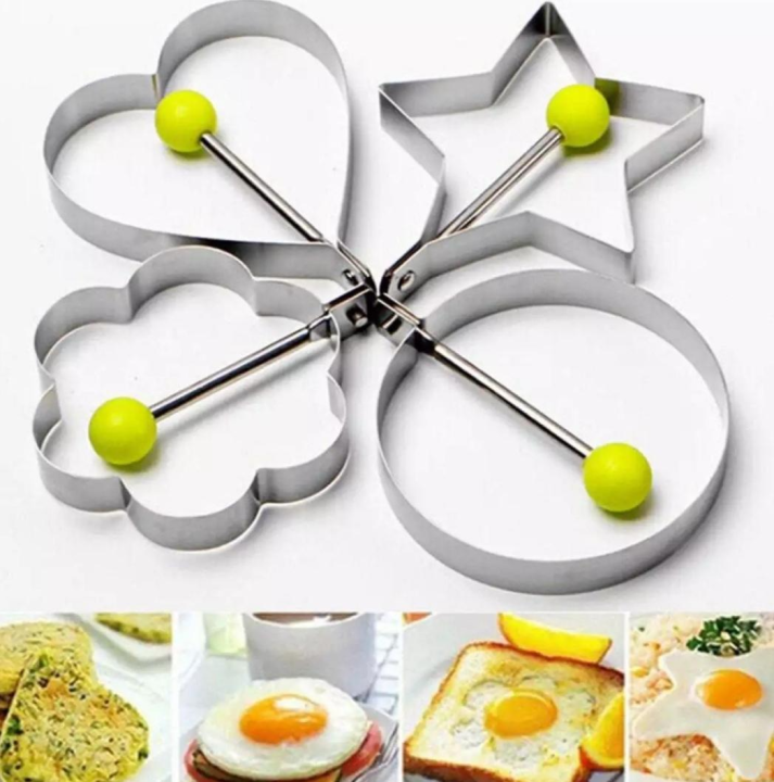 Fried Egg Mold, Pack of 4 Stainless Steel Egg Ring Egg Shaper Pancake Mold Heart/Round/Star/Flower Shapes