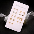 LI 9 Pairs Women Ear Studs Lady Fashion Earrings Set Artificial Diamond Inlaid Star Moon Round Love Shape. 