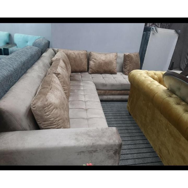 L Shape Sofa Set - Luxurious Designed  Completely Velvet Fabric Used  Dual Tone Borders - With Cushions