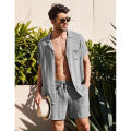 Yfashion Men Linen Shirt Shorts Set Summer Loose Casual Short Sleeve Lapel Cardigan Tops Shorts Suit color. 