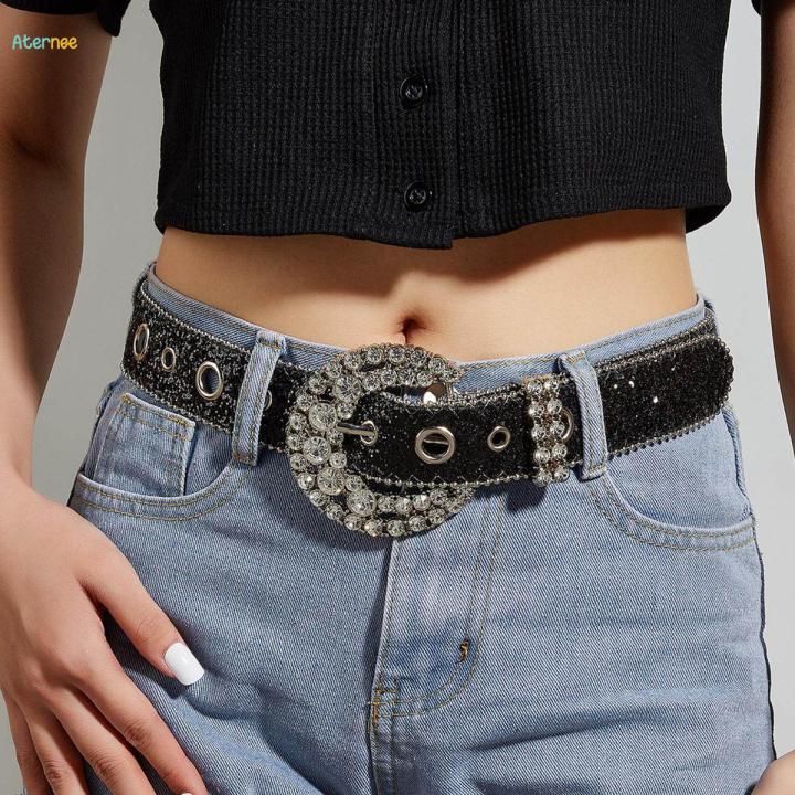 Rhinestone%20Belt%20PU%20Leather%20Belt%20Eyelet%20Belt%20Sequin%20Belt%20for%20Trousers%20Dress%20Skirts%20,%20Black%20-%20Image%202