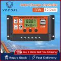 Vocoal 30A Solar Charge Controller Solar Panel Controller 12V/24V Adjustable LCD Display Solar Panel Ba ttery Regulator With USB Port Auto PWM Controllers Intelligent System Charging Controller For Home. 