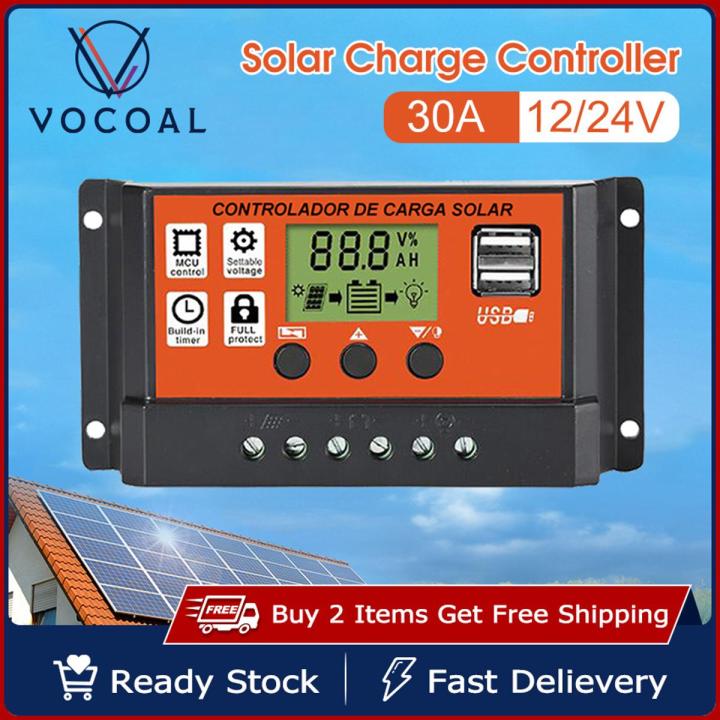 Vocoal 30A Solar Charge Controller Solar Panel Controller 12V/24V Adjustable LCD Display Solar Panel Ba ttery Regulator With USB Port Auto PWM Controllers Intelligent System Charging Controller For Home