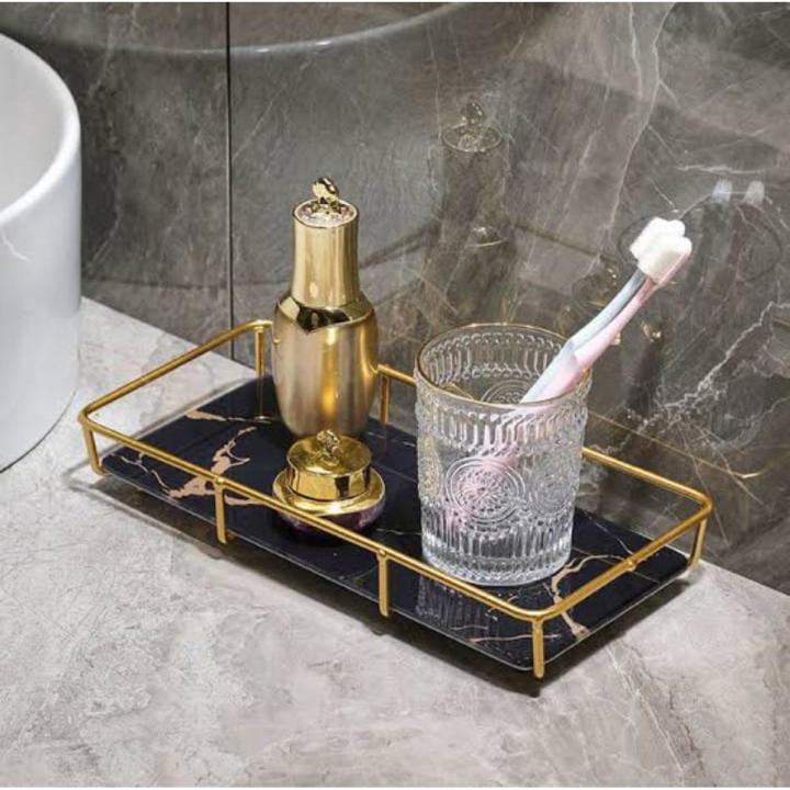 iron art wire vanity organizer rack with marbling glass tray for countertop