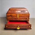 Hand-Carved Shesham Wood Jewelry Box with Drawer - 9x12 Inches. 