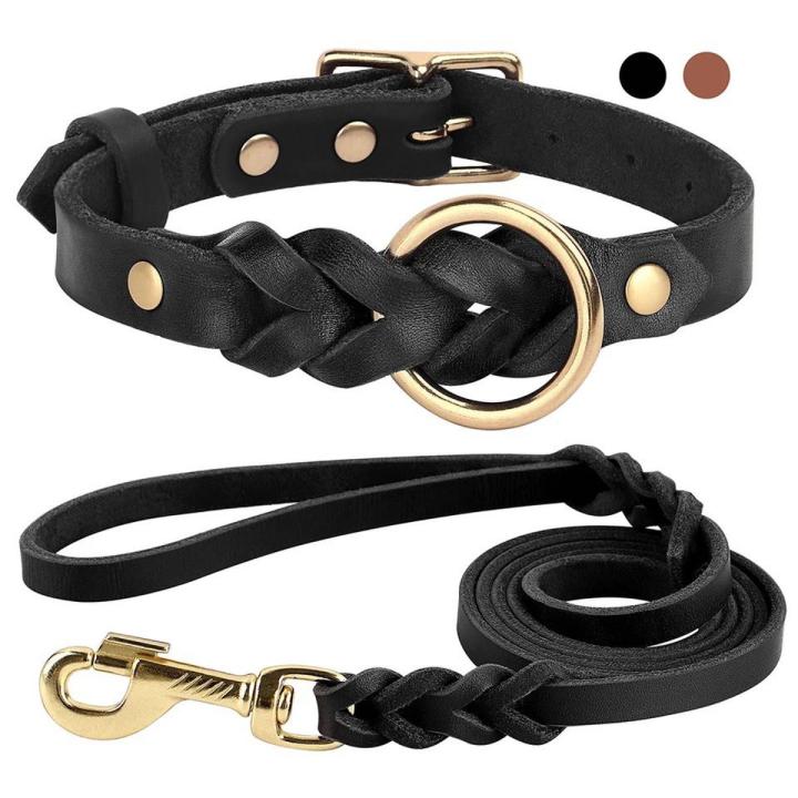 Soft Real Leather Dog Collar and Leash Set Adjustable Braided Dogs Collars 150cm Lead Rope for Medium Large Dogs German Shepherd