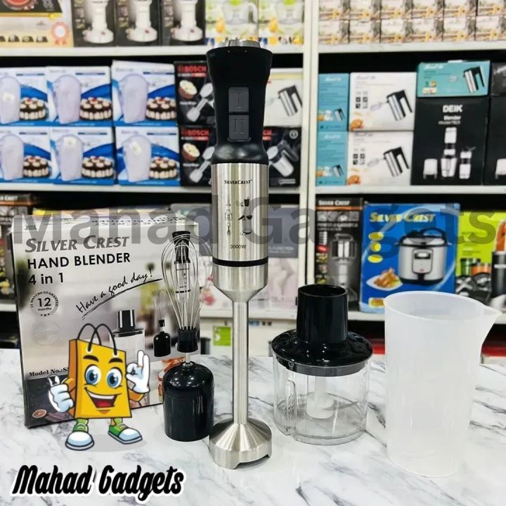 Silver Crest 3000w Hand Blender Set 4 in 1 With Beater and Chopper 3000 Watts Double speed option Stainless Steel Immersion Blender - Egg beater and Milk Frother - Chopper and 600ml Beaker with Lid - Juicer Machine - kitchen