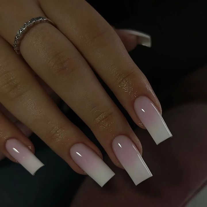 Simple Pink White Halo Dyeing Long Square Nails Detachable Full Cover Finished False Nails Press on Nails with Glue