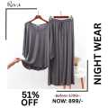 REXBAZAR - Plain Grey V Neck with Palazzo Style Pajama Full Sleeves night suit for her. 