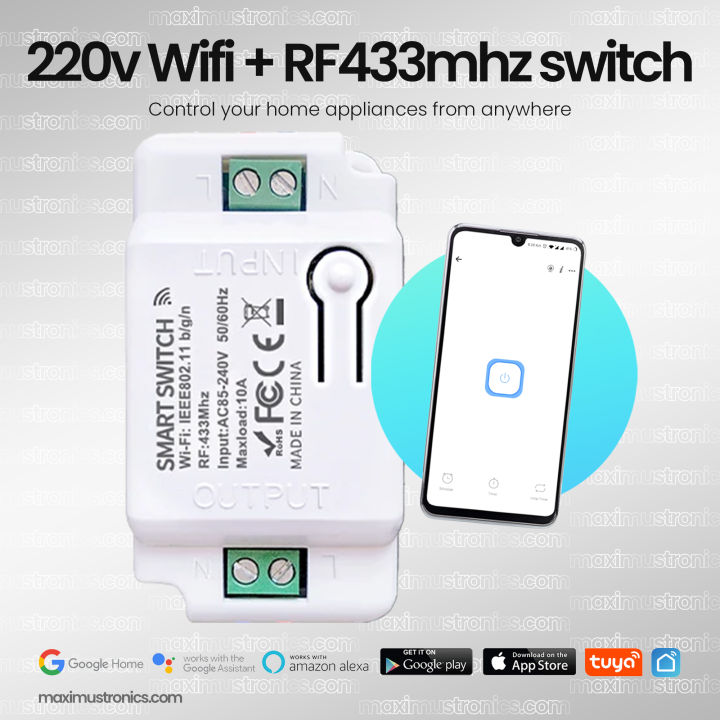 220V Smart WIFI+RF remote control AC switch 10A 2200W 1ch 1gang Home automation 433mhz support timer & schedule, inching mode-push button mode google assistan amazon alexa