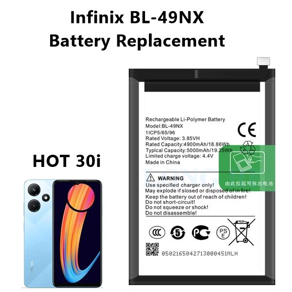 Infinix HOT 30i X669C Battery Replacement with 5000mAh Capacity, Infinix BL-49NX Lithium Cell Battery for Infinix HOT 30i X669C