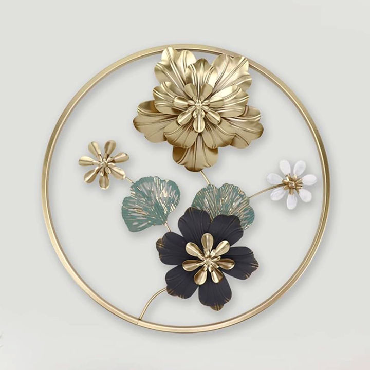 Metal Gold and Black Flower Wall Art Decor, Iron Hand Painted Flower Leaf Wall Hanging Ornament, Behind Bed Wall Decor ​for Home Office Bedroom Livingroom Entrance Wall