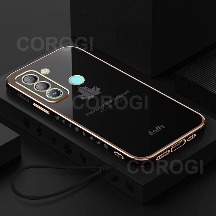 For Tecno Pop 5 LTE Back Cover + Hand Strap Fashion Shiny 6D Plating Maple Leaves Protective Case Square Bumper Soft Silicone Mobile Phone Cases