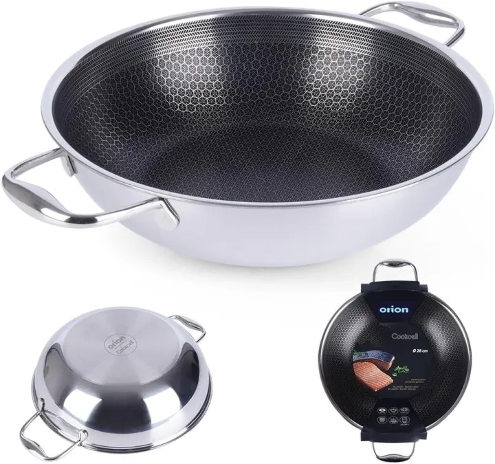Honeycomb Print Stainless Steel Nonstick Wok – Dual Handle Frying Pan ...