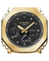 Casio G Shock 2100 Series Round Analog+Digital Gold Ion Plated Bazel World Time Stop Watch Hourly Time Signal Full Auto Calender 5 Daily Alarm Double LED Light Multi-Functions Black Resin Band Watch-GM-2100G-1A9DR. 