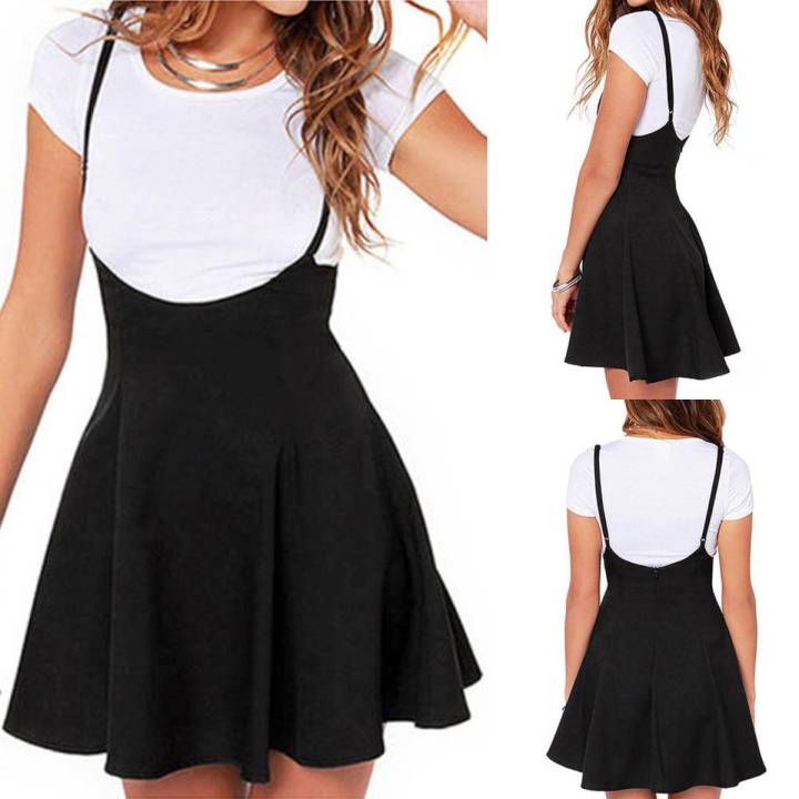 Women Summer Club Party Beach Mini Suspender Overalls Zipper Skirt Black Dress Daraz.pk