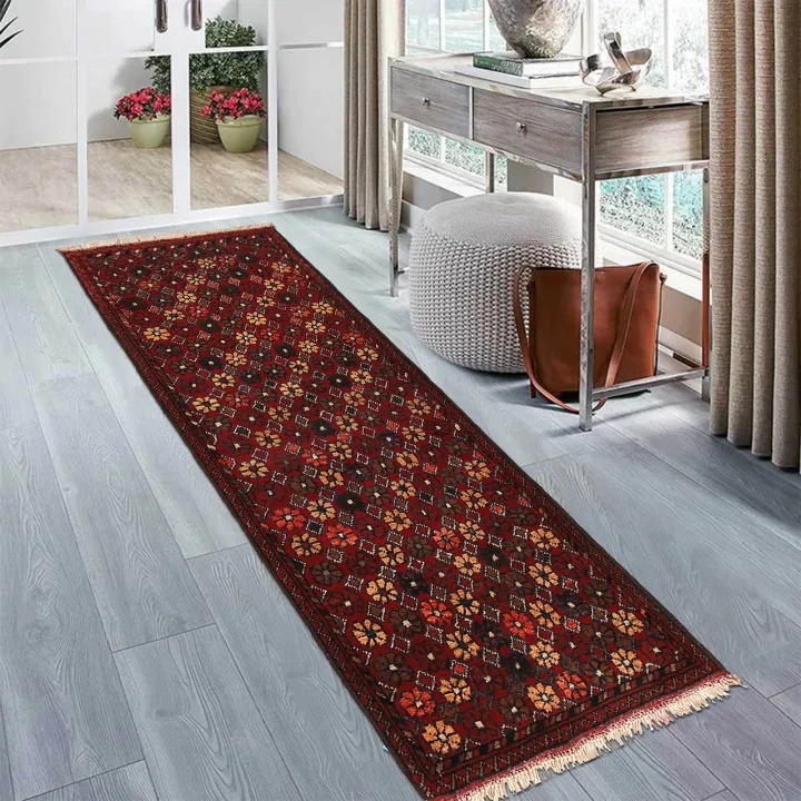Modern Red Runner Rug Unique Hand Knotted (1'10