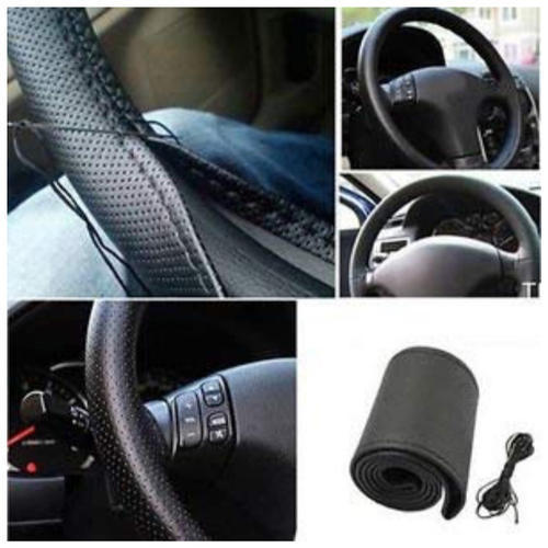Black Leather Stitching Steering Cover Genuine Pu Leather Center Breathable Hand Sewing