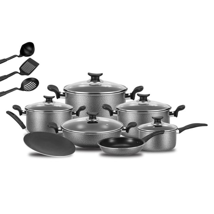 Non Stick Cookware Set - 15 Pcs - Grey & Black