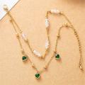Emerald pendant with multiple layers of crystal beads women's stainless steel fashionable jewelry gift summer beach anklet. 
