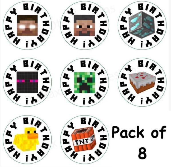 Birthday Stickers - Pack of 8 - Stickers for Giftpacks - Stickers for Birthday Party Celebration - 3 inches each Each - Minecraft theme