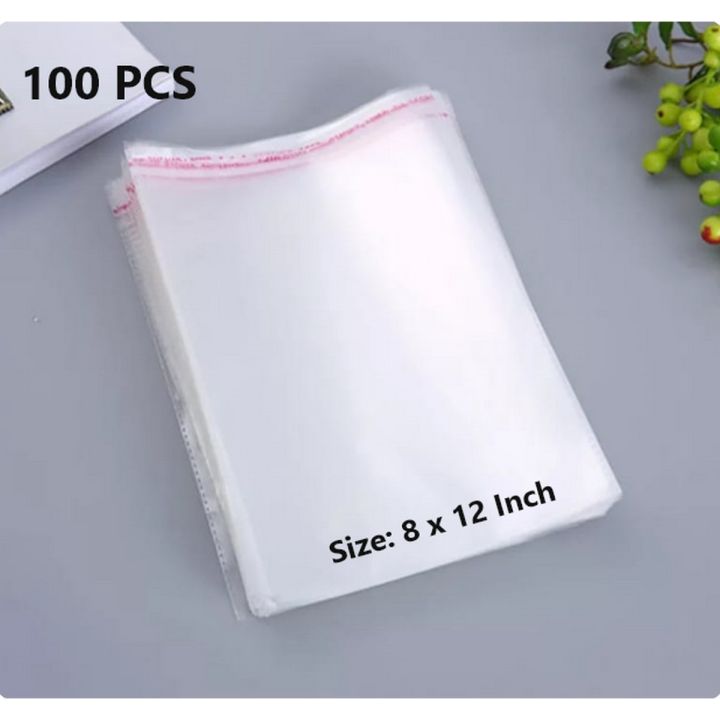 Bundle of 100 (8 x  10+2 Flip=12 Inch) Clear Resealable Cellophane / BOPP / Poly Transparent Plastic Bags For Storage Self Adhesive Polythene Peel + Seal Bags For Packing