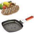 Techmanistan Non-Stick Square Grill Pan With Foldable Wooden Handle. 