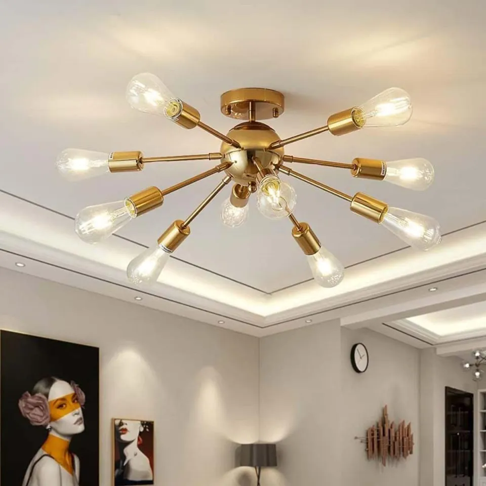 10-Light Gold Sputnik Chandeliers Modern Semi Flush Mount Ceiling Light