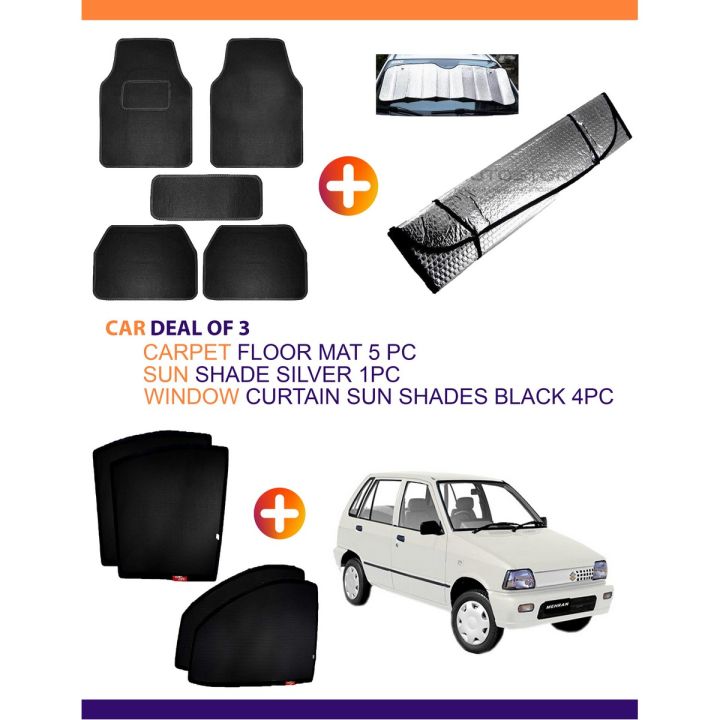 SUZUKI MEHRAN CAR DEAL OF 3 CARPET FLOOR MATS 5PC ,SUN SHADE SILVER 1PC ...