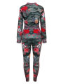 2 PCS Womenﾡﾯs Floral Printed Outfits, Flower Pattern Long-Sleeves Jacket + Skinny Pants  Tracksuit Set for Club, Party, Sports. 