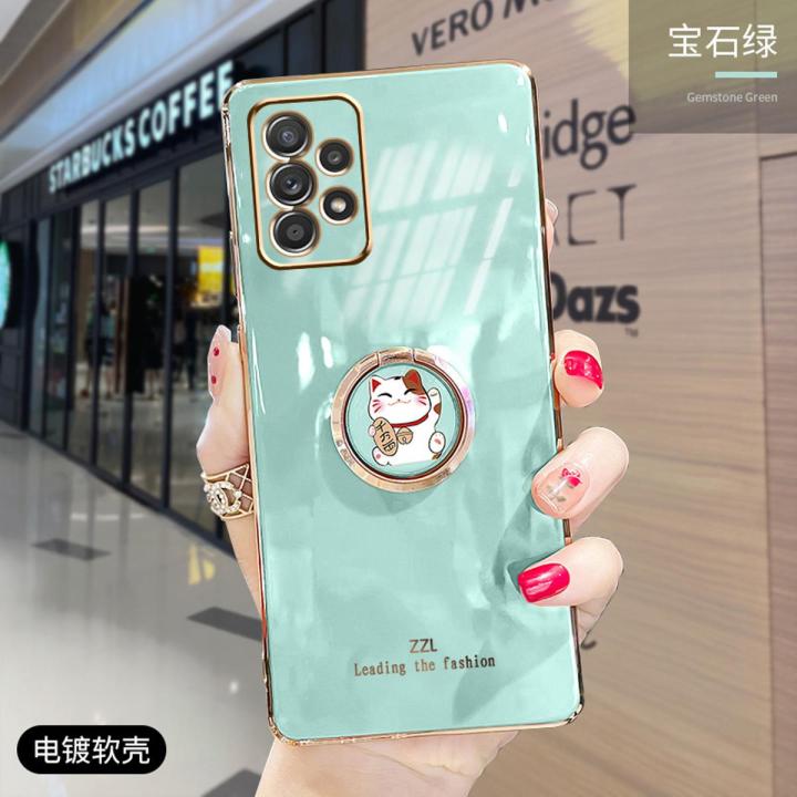 For Samsung Galaxy A52s 5G Cover + Ring Holder Stand Shiny Plating Square Bumper Phone Case Lens Protection Soft Silicone Shockproof Protective Back Cover