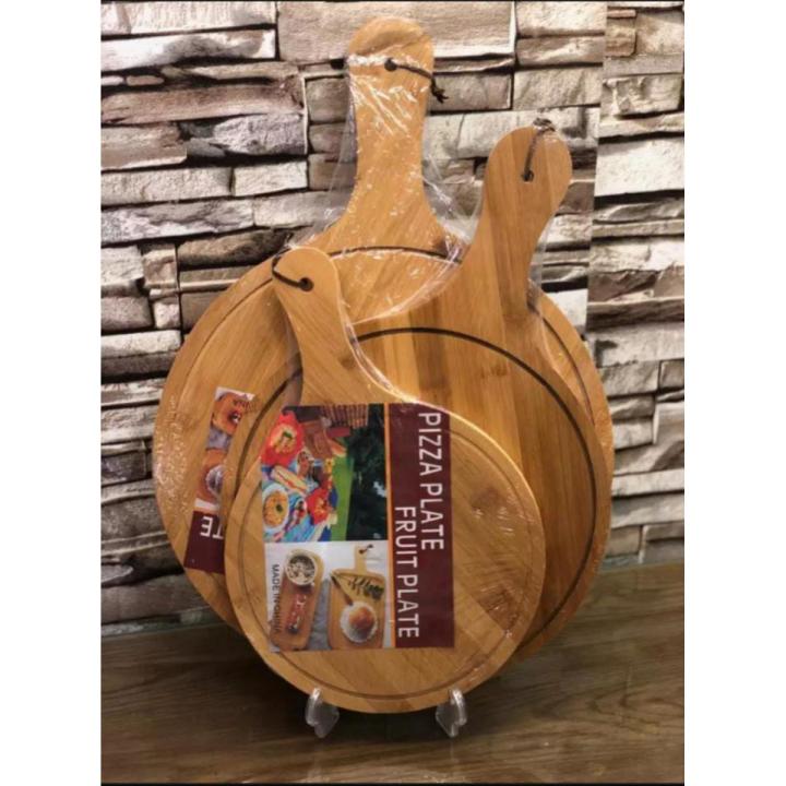 Bamboo Pizza Tray Round Bamboo Wood Pizza Serving Board Peel Cutting Tray Plate with hand bar in multiple size options round with additional handle length