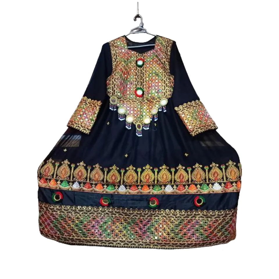 traditional pathani dress ladies Traditional Afghani Pathani Frock for Girls and Women Black Chiffon Embroidered 3 Piece Dress