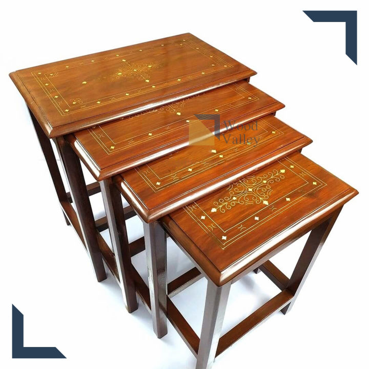 Wood Valley-Wooden Nest Table Set Brass Work (Set of 4)-Best Quality-Table Nest Set 4 Pcs-Sheesham Wood Nesting Tables with Brass Work (Set of 4)-Royal Wooden Brass Nesting Table Set of 4-Chiniot Handicraft