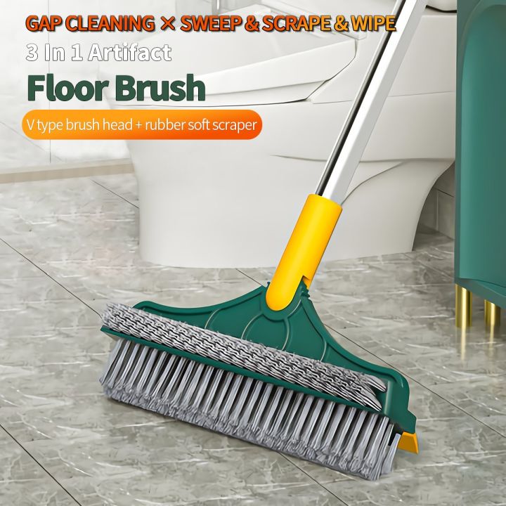 3 in 1 Floor Scrub Brush with Squeegee, Floor Brush Scrubber with Long Handle, Bathroom Kitchen Crevice Cleaning Brush with Squeegee, 120° Triangular Rotating Brush Head for Cleaning Wall Deck Tile