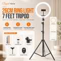 26cm Ring Light With Stand Mobile Holder With 7Feet Tripod in Three Different Mode Light 26 CM ringlight 7 feet tripod stand 3 Modes RingLight Vlogging Light Mobile Phone Photography Light. 